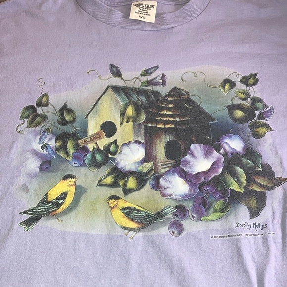 Vintage Dorothy Mullins Bird T Shirt Large Purple Flowers Birdhouse Cotton - Picture 5 of 8